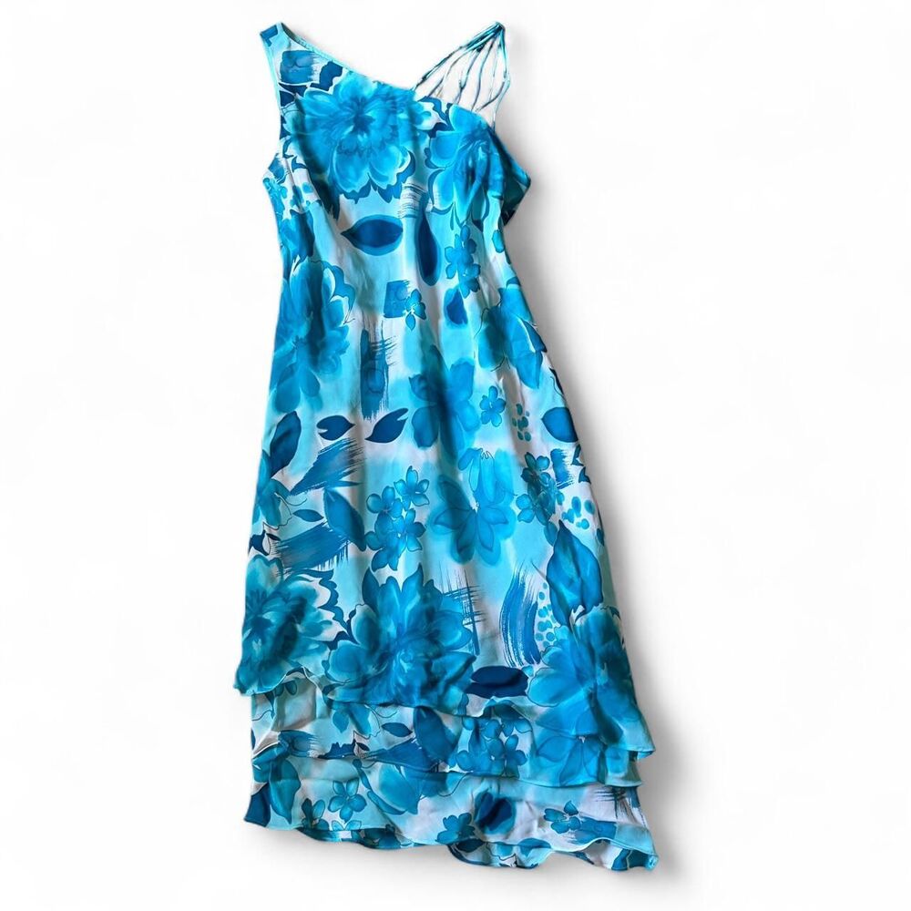 Evan Picone blue floral midi dress with ruffles and tie back. Size: 6
